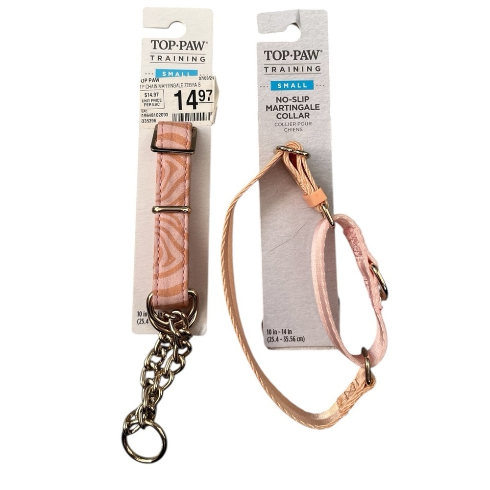 Two of two NWT size small pink and gold dog collars